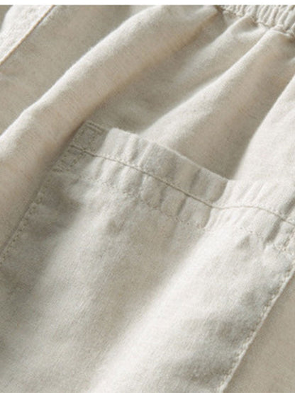 Striped Eyelet Knit Zip Up Polo Shirt & Straight Leg Linen Pants