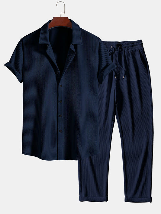 Muscle Fit Ribbed Button Up Shirt & Straight Leg Ribbed Pants
